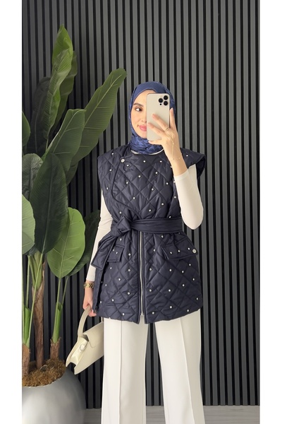 Molly Nelly Women's Stylish Stone Detailed Lined Quilted Midi Vest