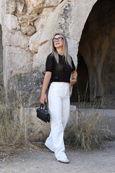 bytugcekaya Ecru High Waist Palazzo Jeans