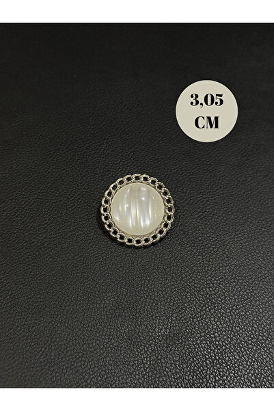 aensia accessories Etrafı Gümüş Örgü Ortası Sedefli Beyaz Metalize (Plastik) Kaban Ceket Düğmesi 3,05 CM- 1 ADET