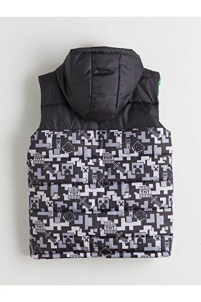 LC Waikiki Siyah Kapüşonlu Minecraft Baskılı Erkek Çocuk Şişme Yelek