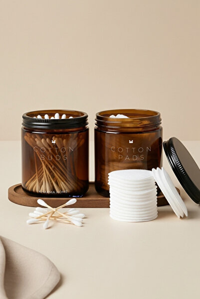 KHAKMA Amber Glass Bathroom Organizer Set with Wooden Stand – Written as Cotton Buds & Cotton Pads – Set of 2 / 250 ml