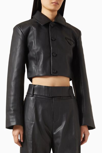 MANIERE DE VOIR Ania, Black Vegan Leather Short Jacket, Wide Shoulders and Lu...