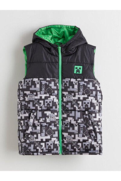 LC Waikiki Siyah Kapüşonlu Minecraft Baskılı Erkek Çocuk Şişme Yelek