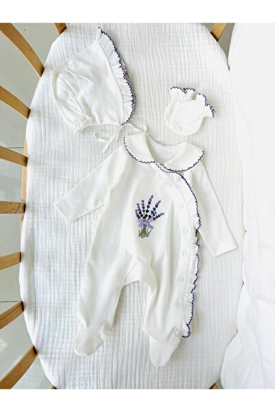 Bolly Baby Lavender Embroidered 100% Cotton Gloves and Hat with Snap-On Booties 3-Piece Set Newborn Baby Girl Romper