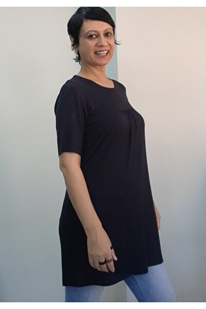 Mertcan Butik Navy Blue Front Round Gathered Short-Sleeved Combed Viscose T-Shirt