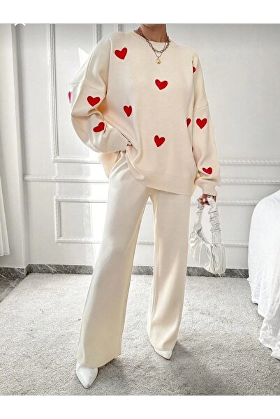 trivvy Heart Sweater Trousers Double Knitwear Set