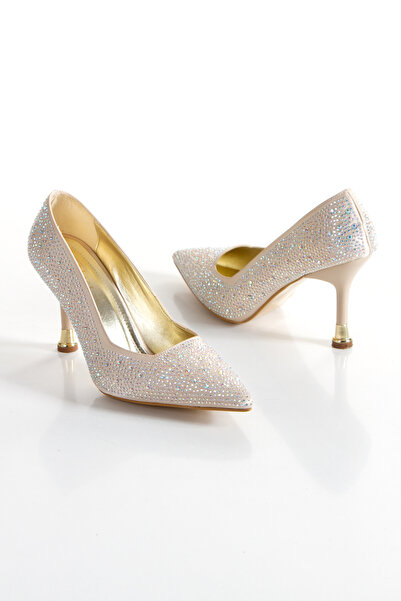 KARABAGSHOES Stylish Thin Heeled Shoes and Bag Set Suitable for Special Occasions with Stone Detailing