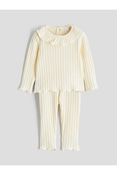 LC Waikiki Beige Ruffle Peter Pan collar Girls Blouse and Leggings