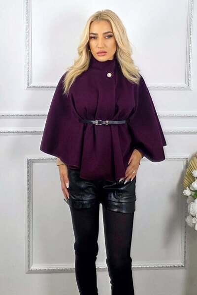 FashionForYou Amalia poncho coat, with belt included and flared cut, Dark purple