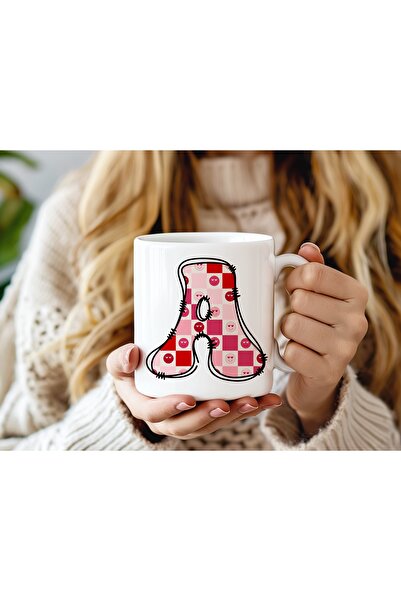 Beramussa كوب على شكل حرف A مع رمز تعبيري على شكل قلب مربع وردي - كوب قهوة وش...