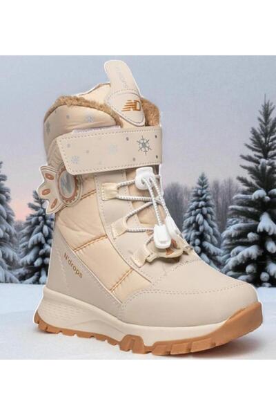 MARKABONİ Girl's Waterproof and Cold-Weather Resistant Non-Slip Sole Velcro Beige Snow Boots