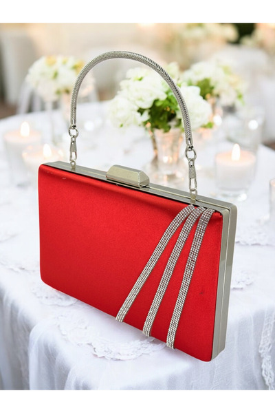 Biçanta Red Color Satin Cross Silver Crystal Stone Women Evening Dress Bag Wedding Engagement Graduation