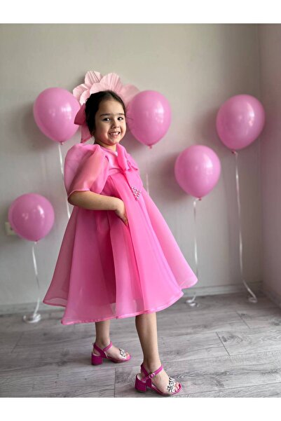 sarena Pink Princess Model Sparkling Stone Bow Detailed Chest Strap Girl's Ev...