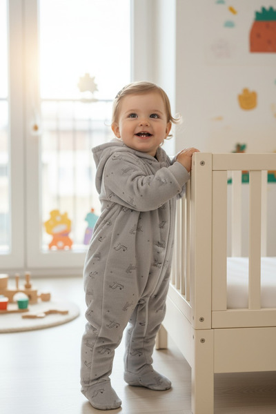 MyBerry Kız/Erkek Bebek Kapüşonlu Patikli Fermuarlı Kadife Tulum - Pijama