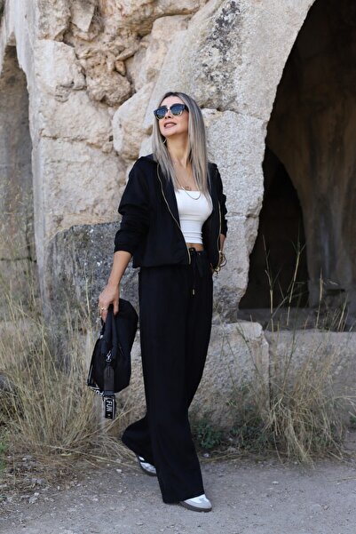 bytugcekaya Μαύρο λεπτό βελούδινο κοστούμι με φερμουάρ