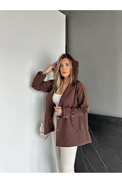 QİMYA BUTİK ROBİN Kadın Kapüşon ve Manşeti Dantel Detaylı Premium Kısa TRENÇKOT