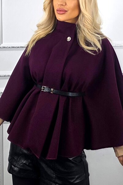 FashionForYou Amalia poncho coat, belt included and Flared cut, Dark purple