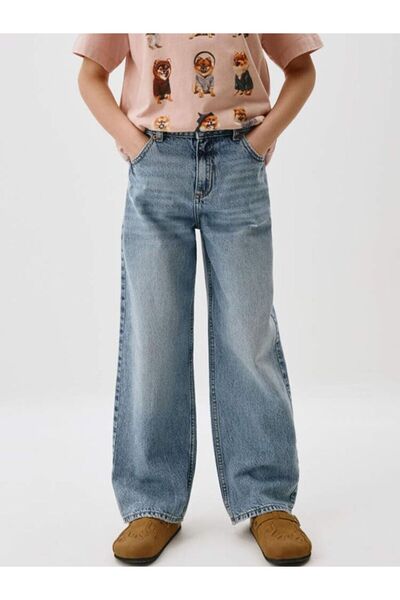 LC Waikiki Kız Çocuk Mavi Renk %100 Pamuk Ayarlanabilir Bel Rahat Kesim Wide Leg Denim Pantolon 5-15 Yaş