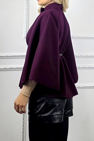 FashionForYou Amalia poncho coat, with belt included and flared cut, Dark purple