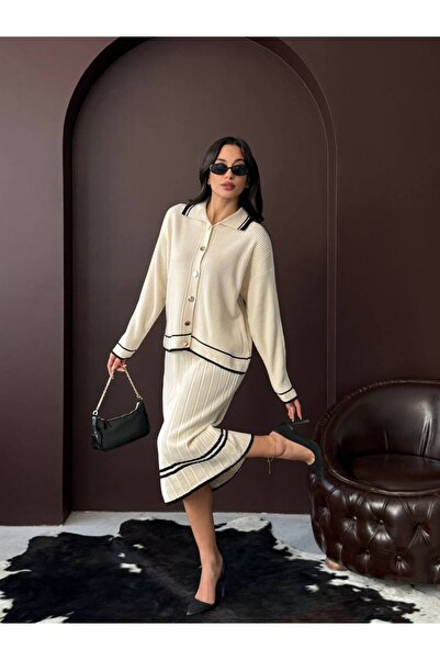 alenmoda Women's Polo Neck Button Front Knitwear Suit