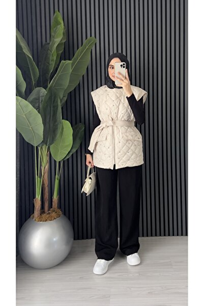 Molly Nelly Women's Stylish Stone Detailed Lined Quilted Midi Vest