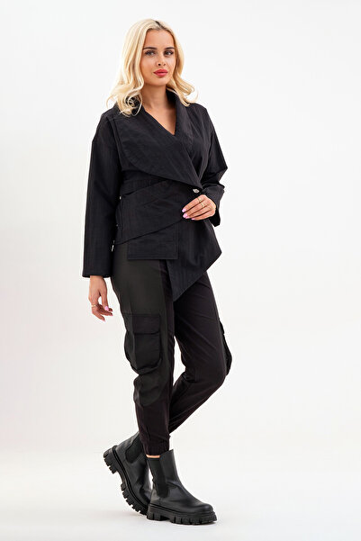 Bold & Young Women's Polyamide Blend Black Jacket – Pockets, Asymmetrical, Single Button
