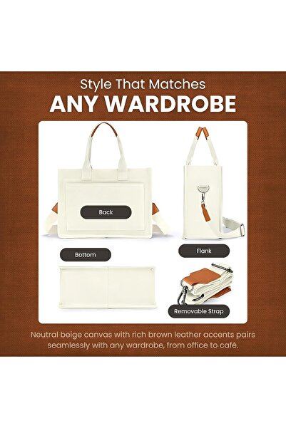 NEXSO Women’s Canvas Handbag – Stylish Beige Tote with PU Leather Handles & Pockets for Office & Travel