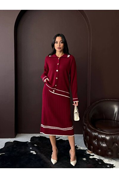 alenmoda Women's Polo Neck Button Front Knitwear Suit