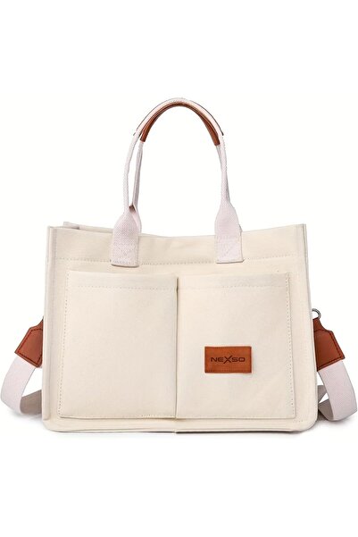 NEXSO Women’s Canvas Handbag – Stylish Beige Tote with PU Leather Handles & Pockets for Office & Travel