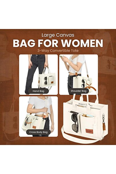 NEXSO Women’s Canvas Handbag – Stylish Beige Tote with PU Leather Handles & Pockets for Office & Travel