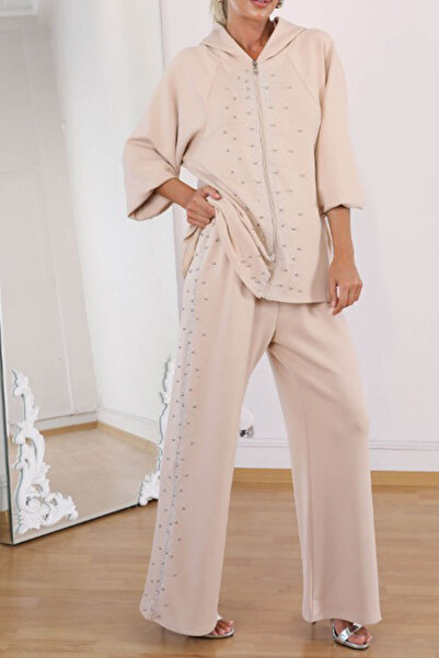 AYASOFYA OTANTIK Women's Beige Stone Detailed Hooded Zipper Closure Blouse and Elastic Waist Trousers Set