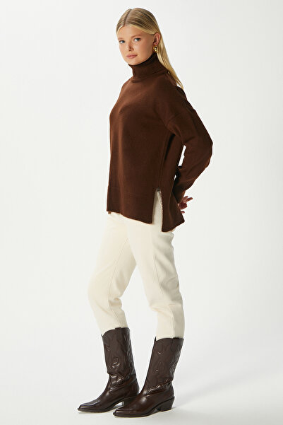 Ritnice Women's Tery Soft Textured Wide Fit Side Slit Brown Knit Sweater Xs-0028