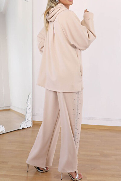 AYASOFYA OTANTIK Women's Beige Stone Detailed Hooded Zipper Closure Blouse and Elastic Waist Trousers Set