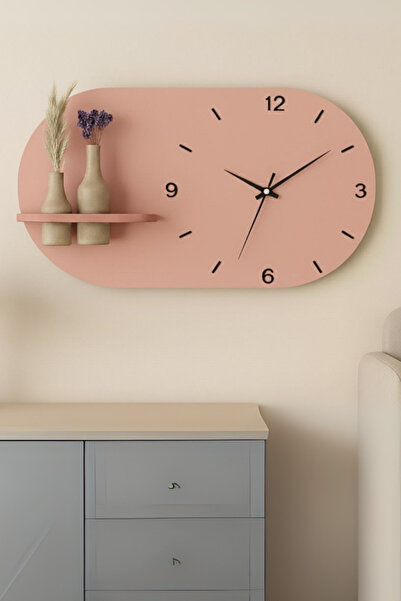 Clock Modern Tasarım Raflı Nera Duvar Saati 75x45 Somon