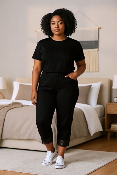 Dantelove Kadın Diz Altı Dantelli Battal Beden Tayt