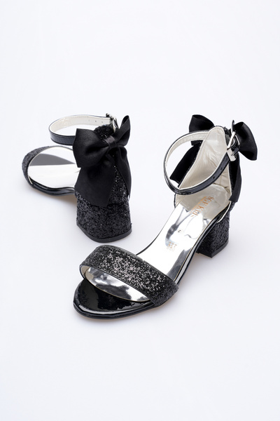SGF KIDS Black Glass Broken Back Strap Evening Shoes with Bow