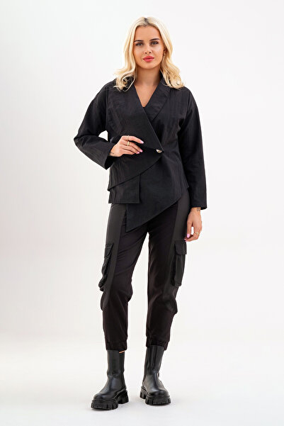 Bold & Young Women's Polyamide Blend Black Jacket – Pockets, Asymmetrical, Single Button