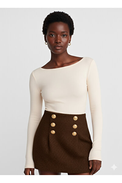 Dilvin 31332 Boat Neck Long Sleeve Top-Stone