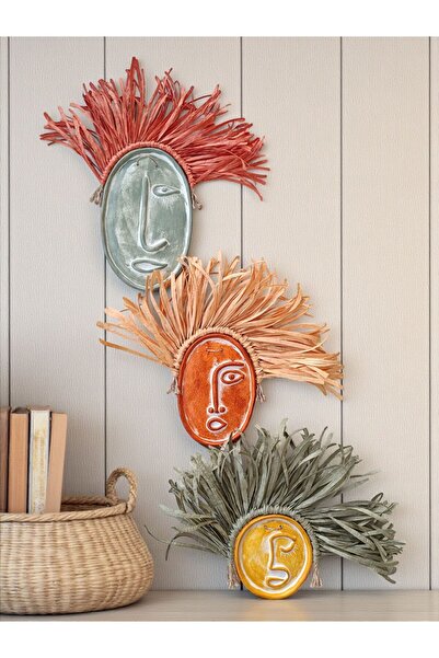 Momiko Soyut Yüz 3lü Renkli Beton Duvar Süsü, Renkli Doğal Rafya, Gökkuşağı