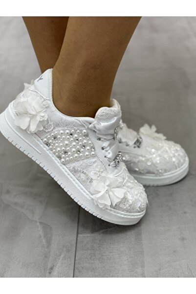 Stilo Unique Details Bridal Shoes, Evening Dress Floral Details Pearl and Crystal Stone Lightened Sole