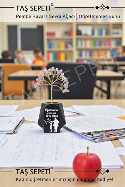 TAŞ SEPETİ Pembe Kuvars Doğal Taş Öğretmenler Günü Hediyesi-17 cm Sevgi Ağacı...