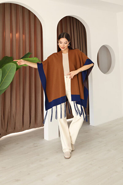 bacc Women's Cinnamon Brown Tassel Color Block Winter Knitwear Shawl Bces-253005