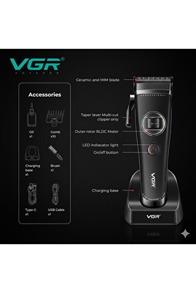 VGR V-880C Professional Hair Clipper-High Speed Brushless Motor & Ceramic Blades Cordless (Black Color)