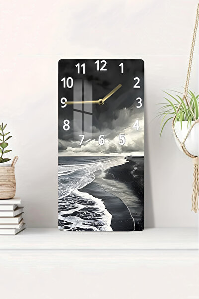 kutuTR Siyah Beyaz Sahil Dalgaları Temalı Temperli Cam Duvar Saati – 30X60 cm...