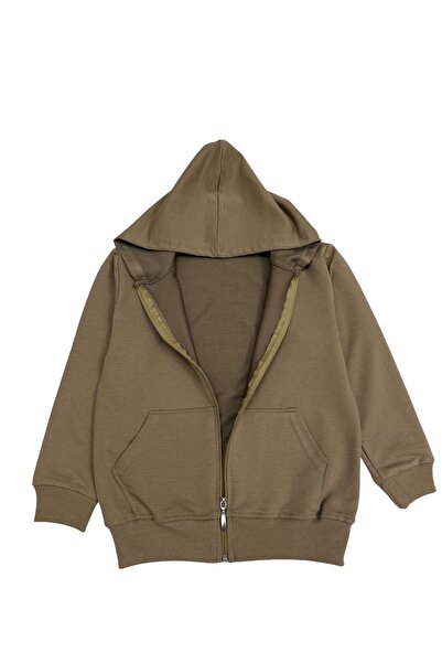 Şekerkids Boys' Cotton Beige Zippered and Hooded Sweatshirt (Suitable for School and Daily Use)
