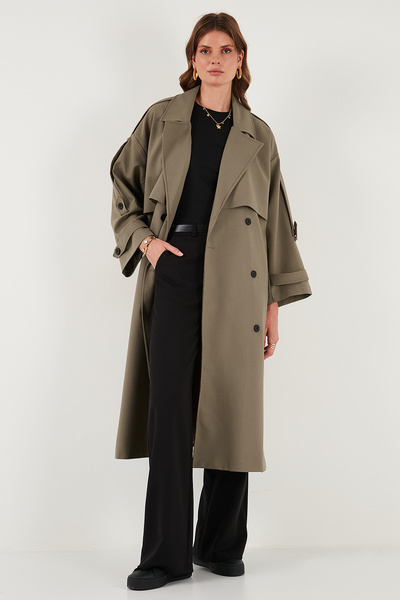 Lela Oversize Fit Kruvaze Yaka Düğmeli Kemerli Uzun Trençkot TRENÇKOT 6839476