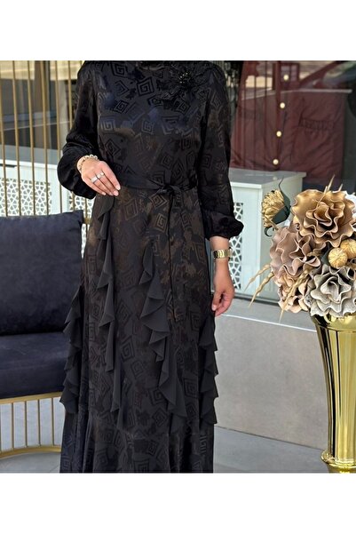 my312 -فستان جاكار مطرز على الكتف باللون الأسود-6502