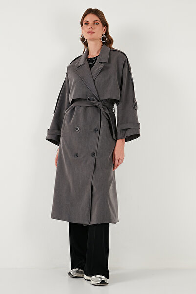 Lela Oversize Fit Kruvaze Yaka Düğmeli Kemerli Uzun Trençkot TRENÇKOT 6839476