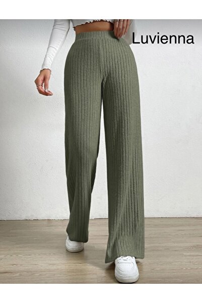 LUVIENNA Γυναικείο παντελόνι χακί χρώματος με ριμπάνι ψηλόμεσο φαρδύ πόδι