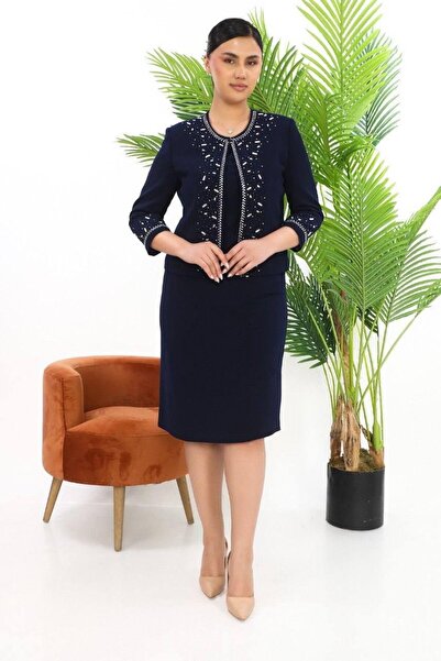 MİSS DİAMOND Jacket with Stones Navy Blue Short Skirt Three-Piece Set